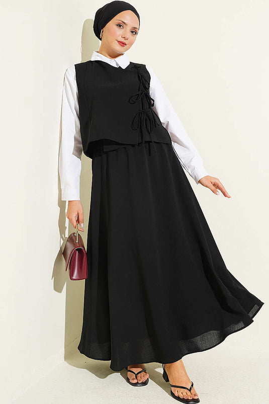 Conjunto De Dos Piezas Negro Con Detalle De Lazo Lateral Falda