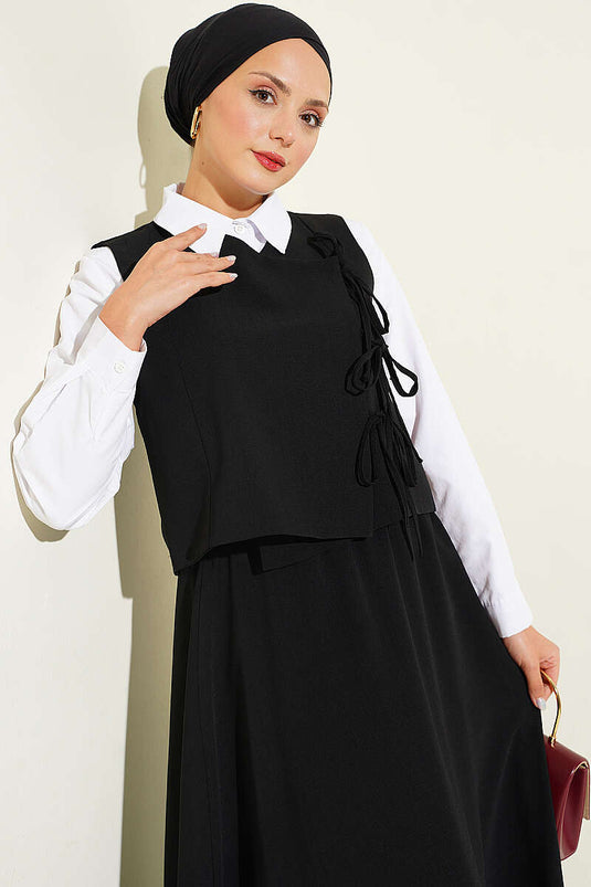 Conjunto De Dos Piezas Negro Con Detalle De Lazo Lateral Falda