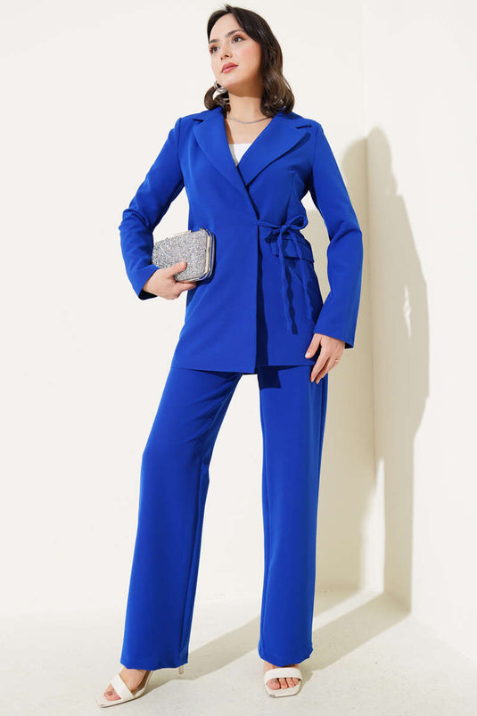 Side Rope Tied Jacket Two Piece Suit Saxe