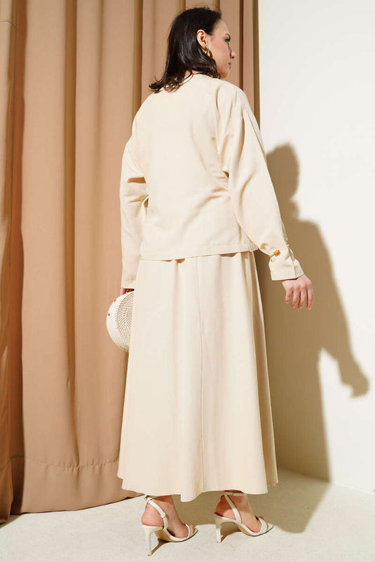 Linen Two Piece Set with Side Rope Tie Skirt Beige