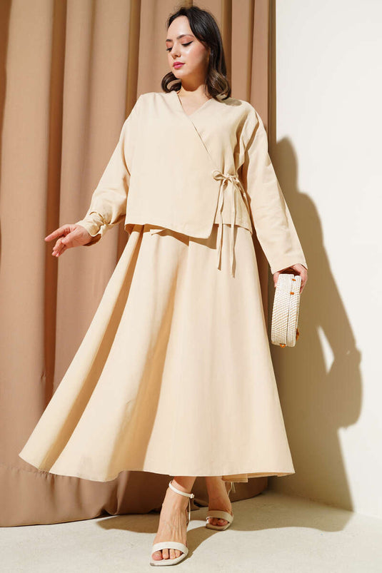 Linen Two Piece Set with Side Rope Tie Skirt Beige