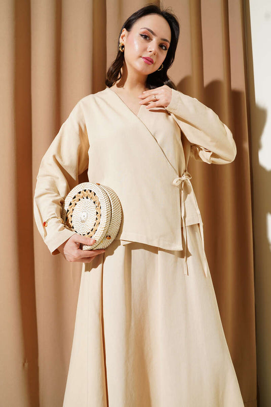 Linen Two Piece Set with Side Rope Tie Skirt Beige