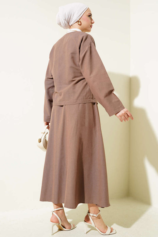 Linen Two Piece Suit with Side Rope Tie Skirt Brown