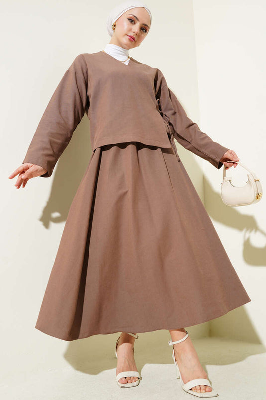 Linen Two Piece Suit with Side Rope Tie Skirt Brown