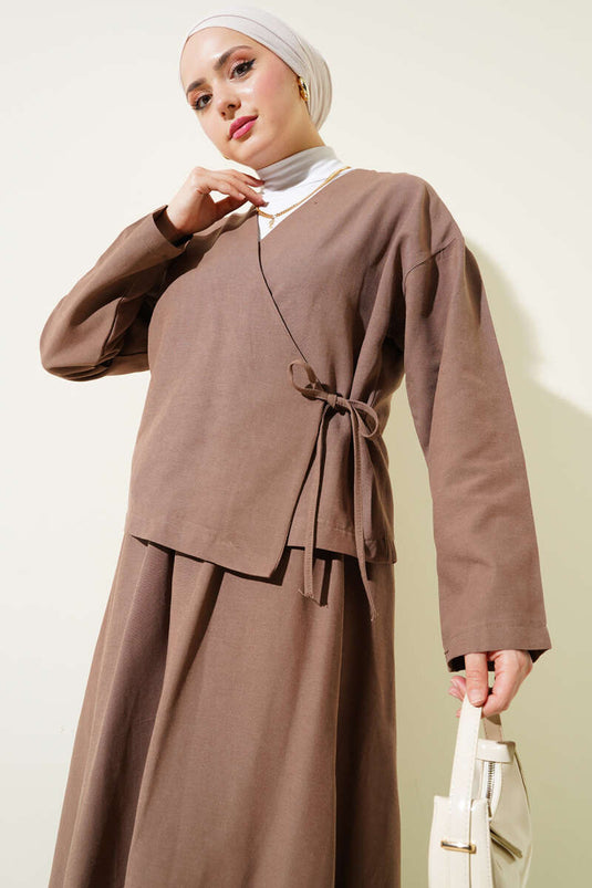 Linen Two Piece Suit with Side Rope Tie Skirt Brown