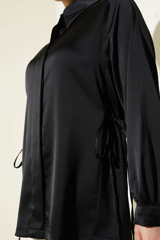 Side Tie Satin Shirt Black
