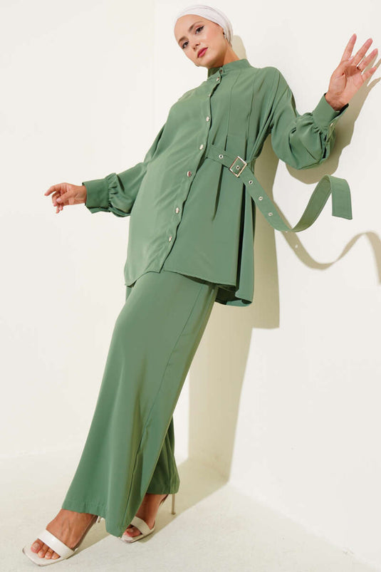 Side Belt Detailed Two-Piece Suit in Green