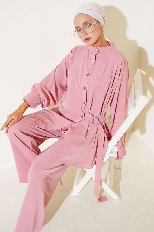 Side Belt Detailed Two Piece Set Powder