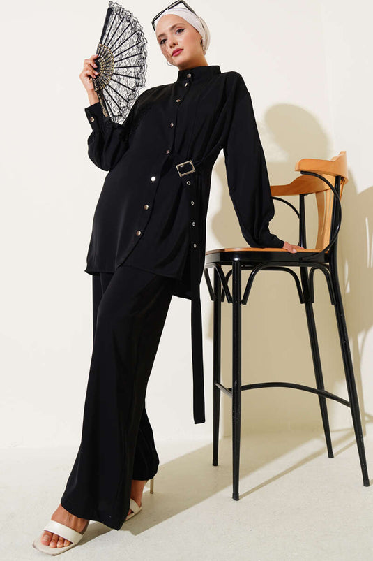 Side Belt Detailed Two Piece Suit Black