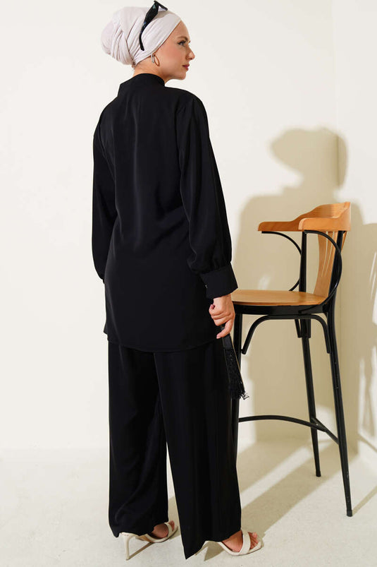 Side Belt Detailed Two Piece Suit Black