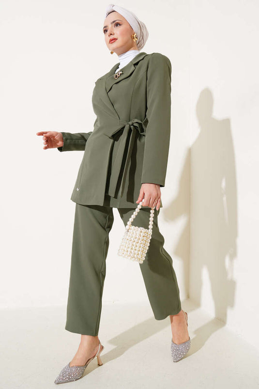 Side Tie Jacketed Two Piece Suit Khaki