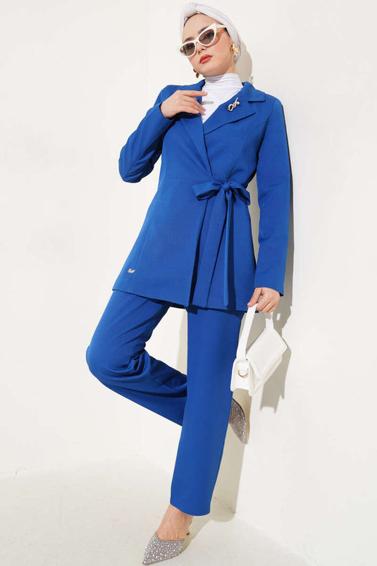 Costume double avec veste à nouer sur le côté Indigo