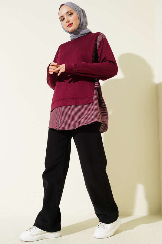 Side-Tied Tunic with Stripe Detail in Burgundy