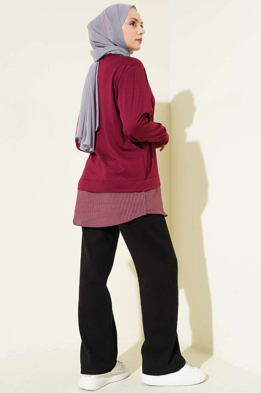 Side-Tied Tunic with Stripe Detail in Burgundy