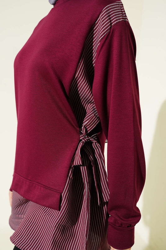 Side-Tied Tunic with Stripe Detail in Burgundy