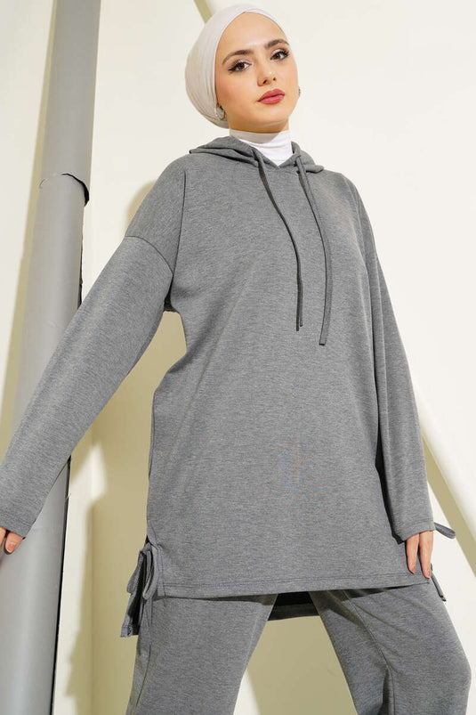 Traje doble con capucha y lazo lateral Gris Melange