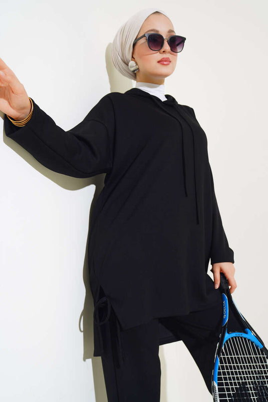 Side Tie Hooded Two Piece Set Black