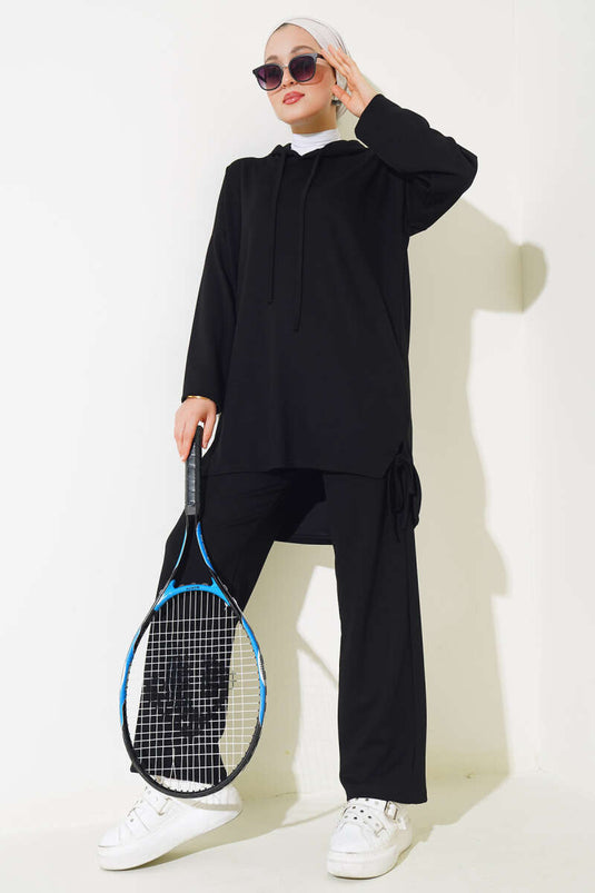 Side Tie Hooded Two Piece Set Black