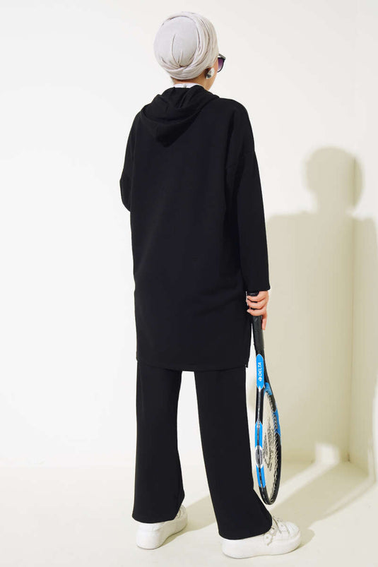 Side Tie Hooded Two Piece Set Black