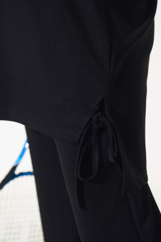 Side Tie Hooded Two Piece Set Black