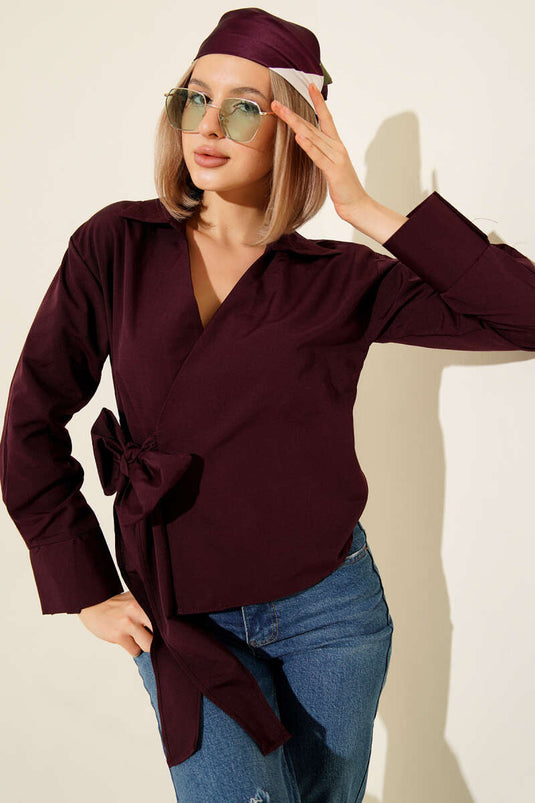 Chemise courte à nouer sur le côté, prune