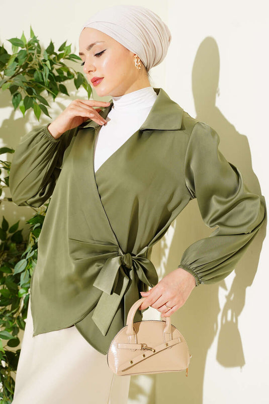Blouse en satin à nouer sur le côté, vert pistache