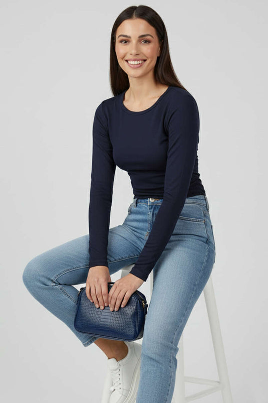 Side-Gathered Bodysuit, Navy Blue