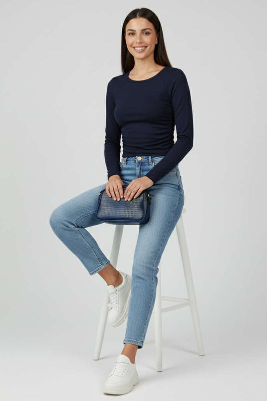 Side-Gathered Bodysuit, Navy Blue