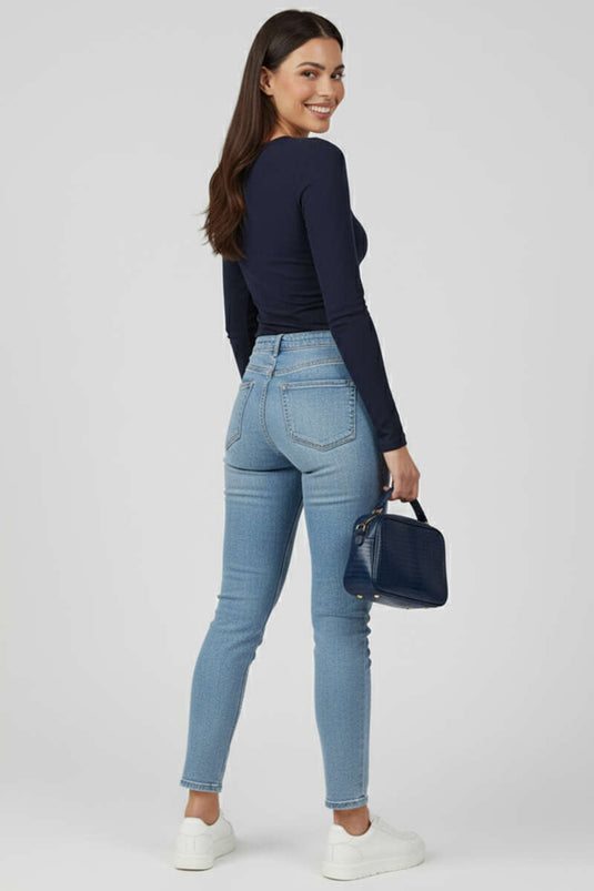 Side-Gathered Bodysuit, Navy Blue