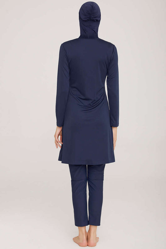 Maillot de bain hijab avec détail rayé sur le côté Bleu Marine Foncé