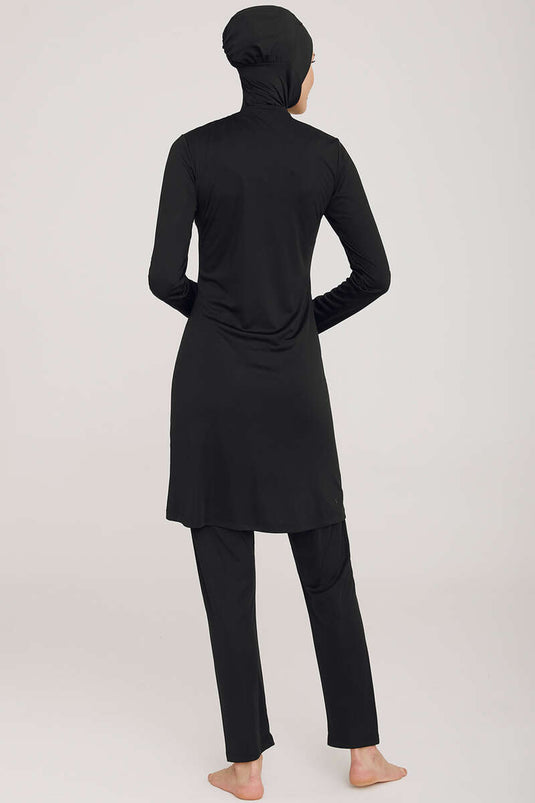 Side Stripe Detailed Hijab Swimsuit Black