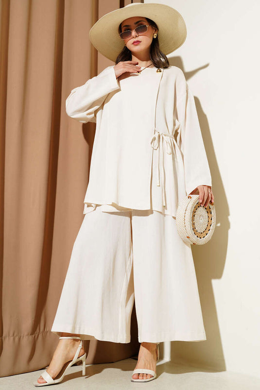 Side Rope Laced Casual Two Piece Set Beige