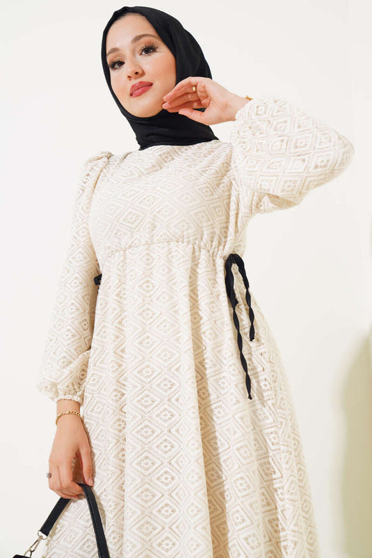 Lace Dress with Side Rope Tie Beige
