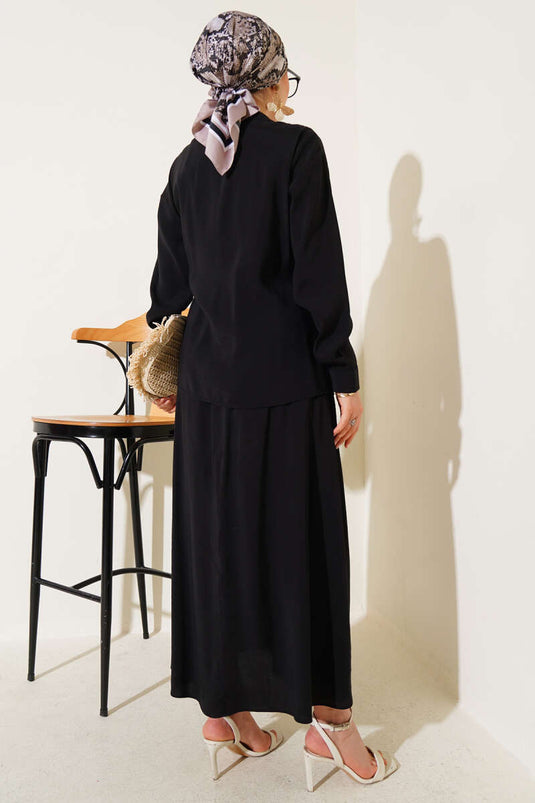 Two-Piece Set with Side Tie Skirt, Black