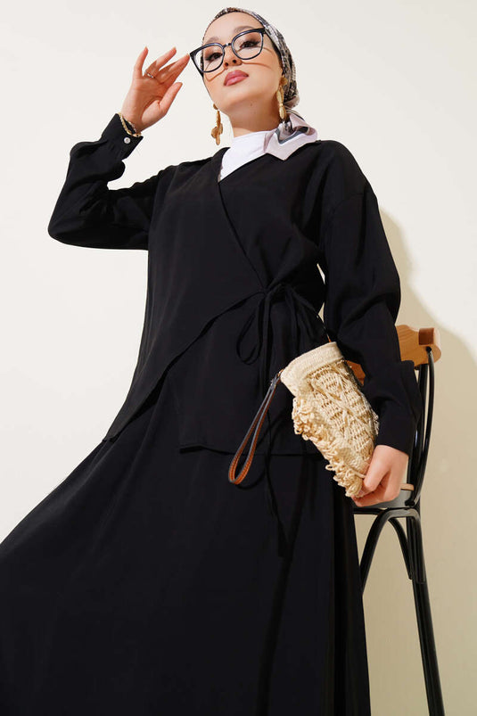 Two-Piece Set with Side Tie Skirt, Black