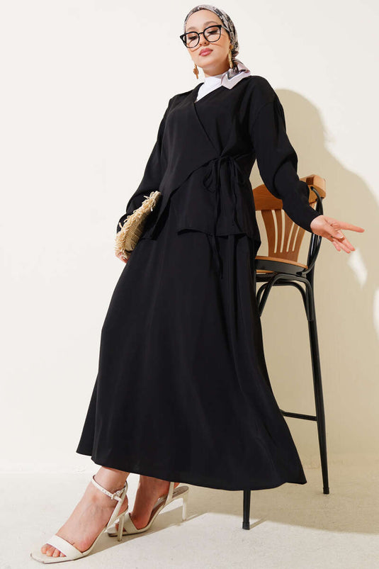 Two-Piece Set with Side Tie Skirt, Black