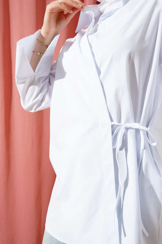 Yanı İp Bağlamalı Kimono Beyaz