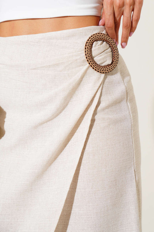 Yanı Tokalı Yırtmaçlı Midi Etek Bej