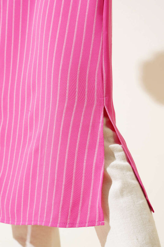 Side Slit Striped Long Shirt Fuchsia