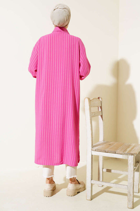 Side Slit Striped Long Shirt Fuchsia