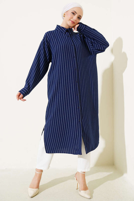 Zijsplit gestreept lang shirt marineblauw