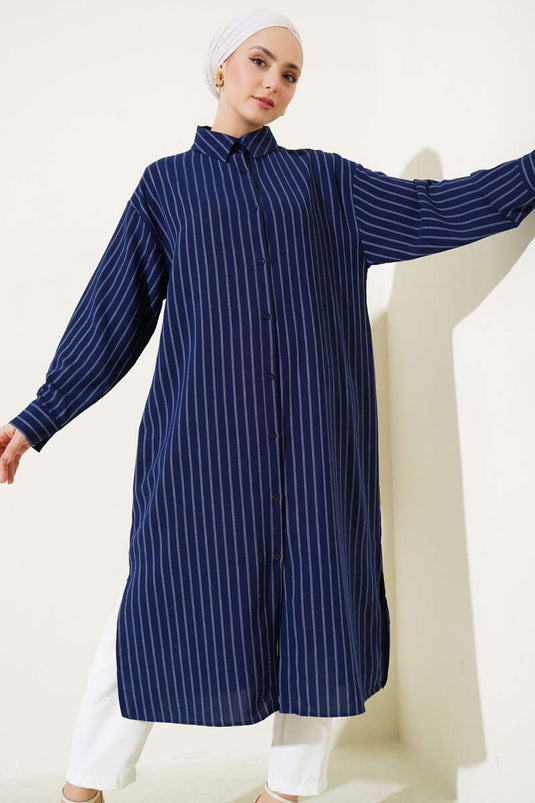 Zijsplit gestreept lang shirt marineblauw