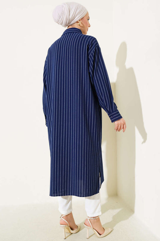 Zijsplit gestreept lang shirt marineblauw