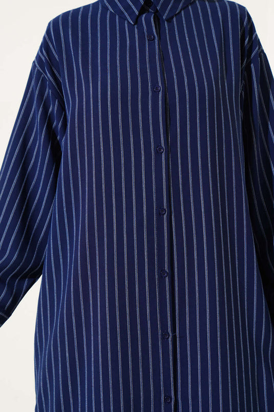 Zijsplit gestreept lang shirt marineblauw