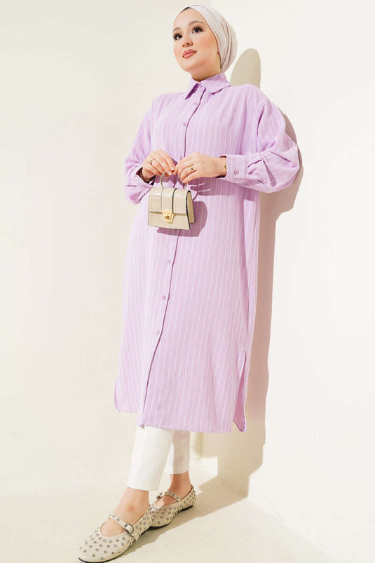 Chemise longue rayée fendue sur le côté lilas