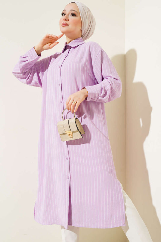 Chemise longue rayée fendue sur le côté lilas