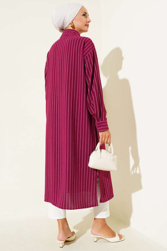 Gestreiftes Longshirt mit Seitenschlitz Pflaume