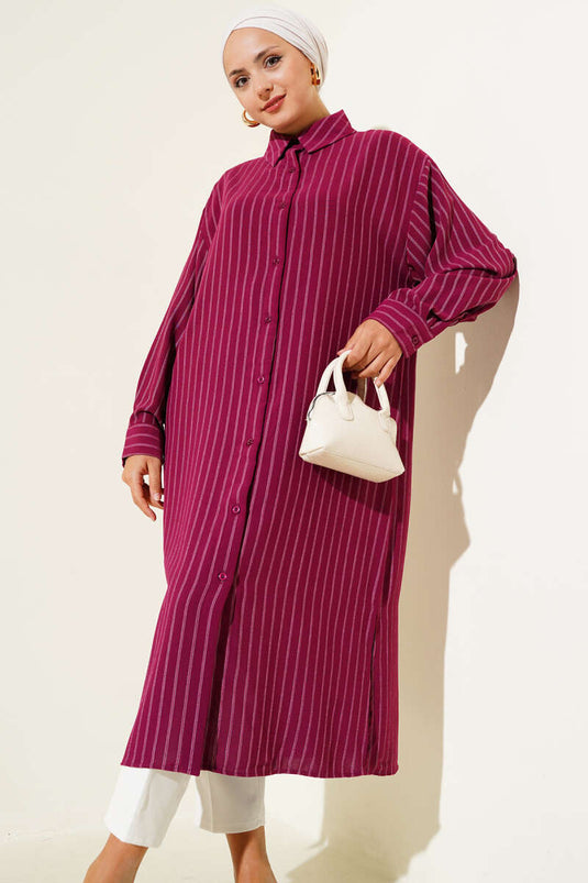 Gestreiftes Longshirt mit Seitenschlitz Pflaume