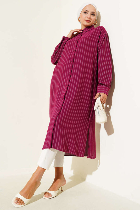 Yanı Yırtmaçlı Çizgili Uzun Gömlek Mürdüm