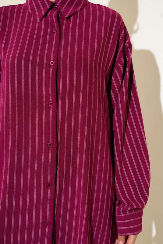 Yanı Yırtmaçlı Çizgili Uzun Gömlek Mürdüm